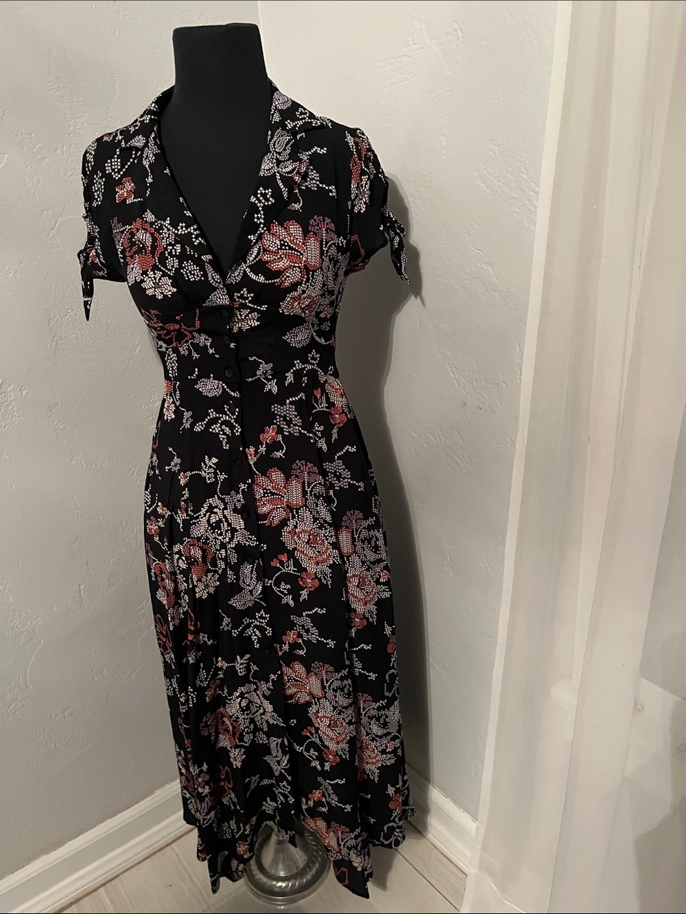 Urban Outfitters Black Floral Midi Dress with Pink and Cream Print